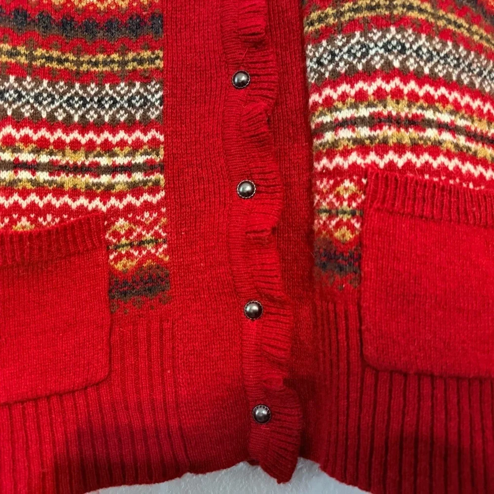 Eddie Bauer Button Front Lambs Wool Cardigan Sweater Size Small Red Fair Isle